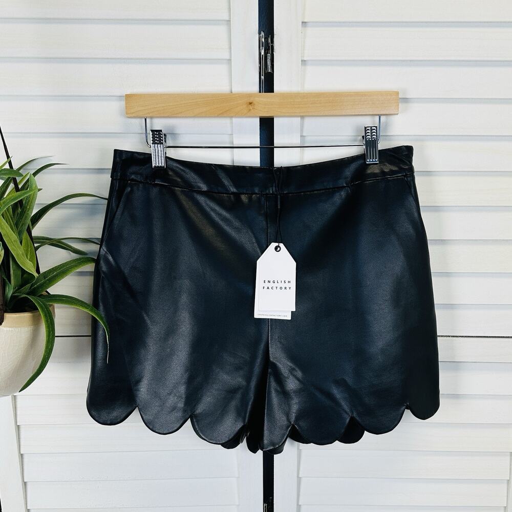 English Factory Black Faux Leather Scallop Hem Shorts